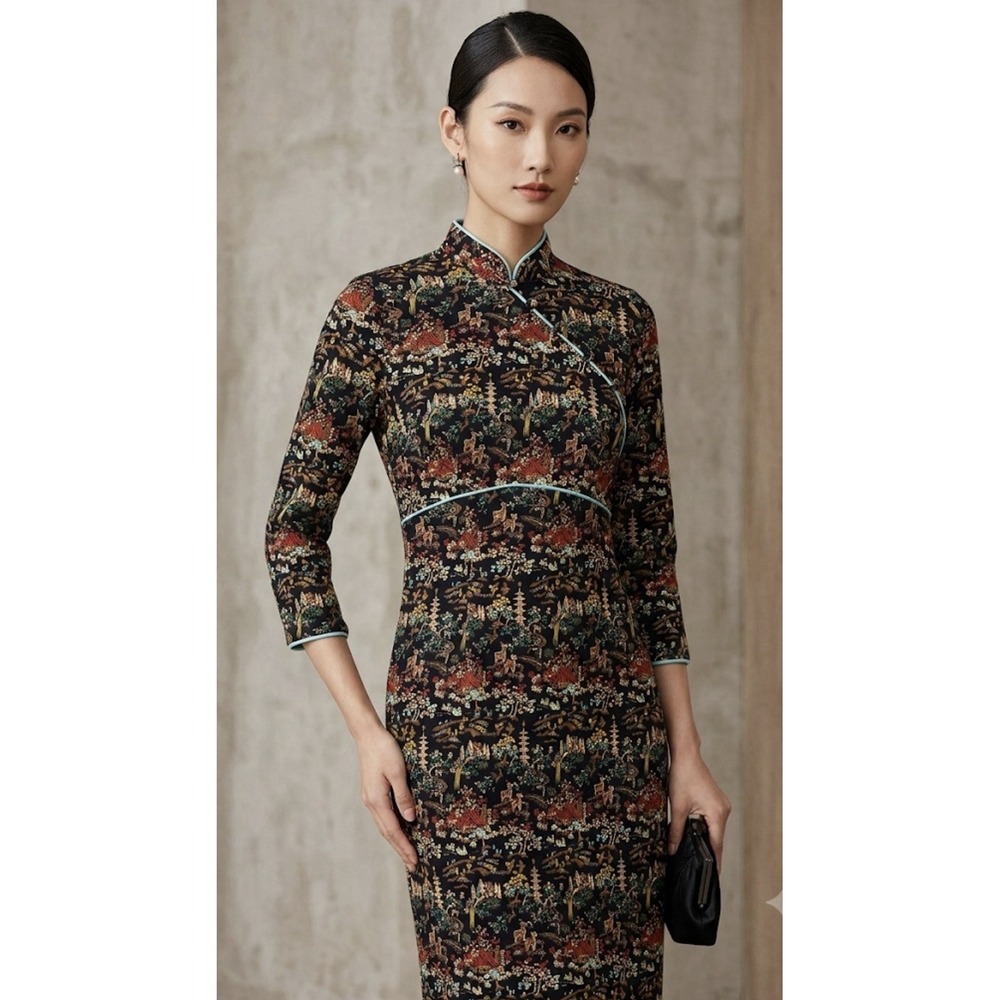 Louie Lucie dress Asian-inspired landscape Kimono Mandarin Collar Size Small